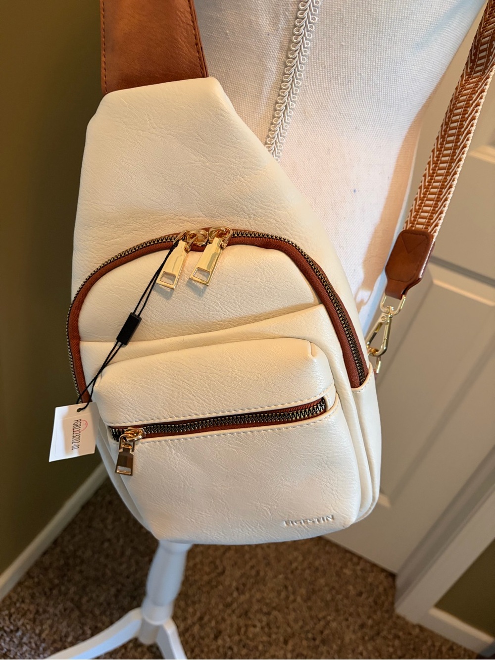 Cream Crossbody Sling Bag with Brown Trim - Picture 2 of 4